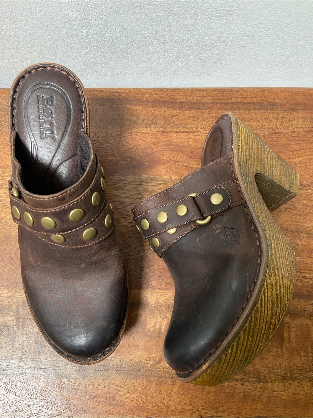 Born Marney Leather Studded Platform Clogs Dark Brown Sz 7 Boho